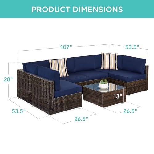 Best Choice Products 7-Piece Modular Outdoor Sectional Wicker Patio Conversation Set w/ 2 Pillows, Coffee Table, Cover Included - Gray/Navy