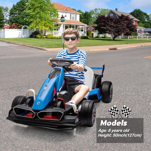 36V Licensed BMW Electric Go Kart, 7.5 MPH Drift Kart with 600W Motor, Outdoor Driftable Kids Race Pedal Go Karting Car w/Adjustable Seat, Lights