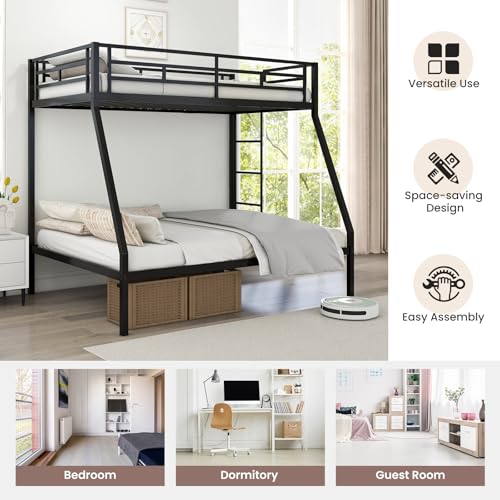KOMFOTT Twin Over Full Bunk Bed with Trundle, Heavy-Duty Metal Bunk Bed Frame with Guardrail & 2 Ladders, Space-Saving Bunk Bed for Kids/Teens/Adults
