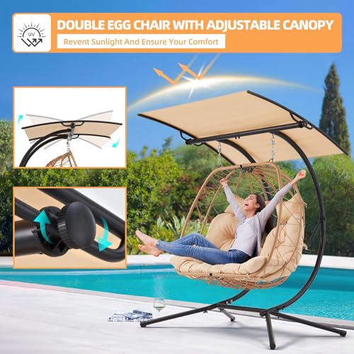 YOLENY Oversized Double Egg Chair with Adjustable Canopy, Patio Hanging Swing Chair, Hammock Chair with Cushion