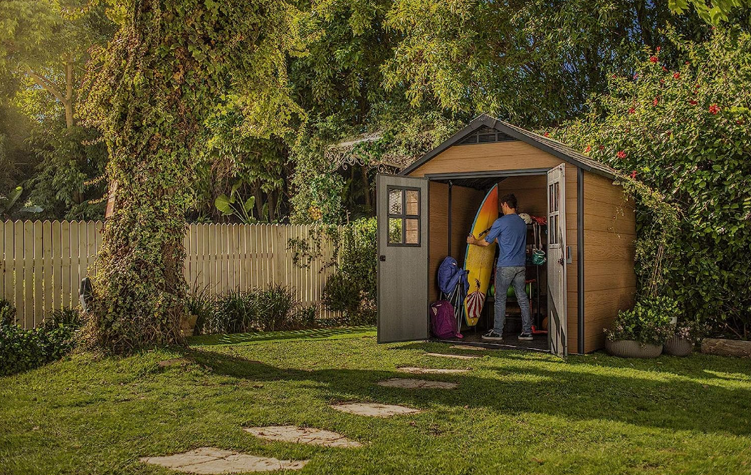 KETER Newton 7.5x7 Large Resin Outdoor Storage Shed Kit &ndash; Perfect to Store Patio Furniture, Garden Tools, Bike Accessories, and Lawn Mower