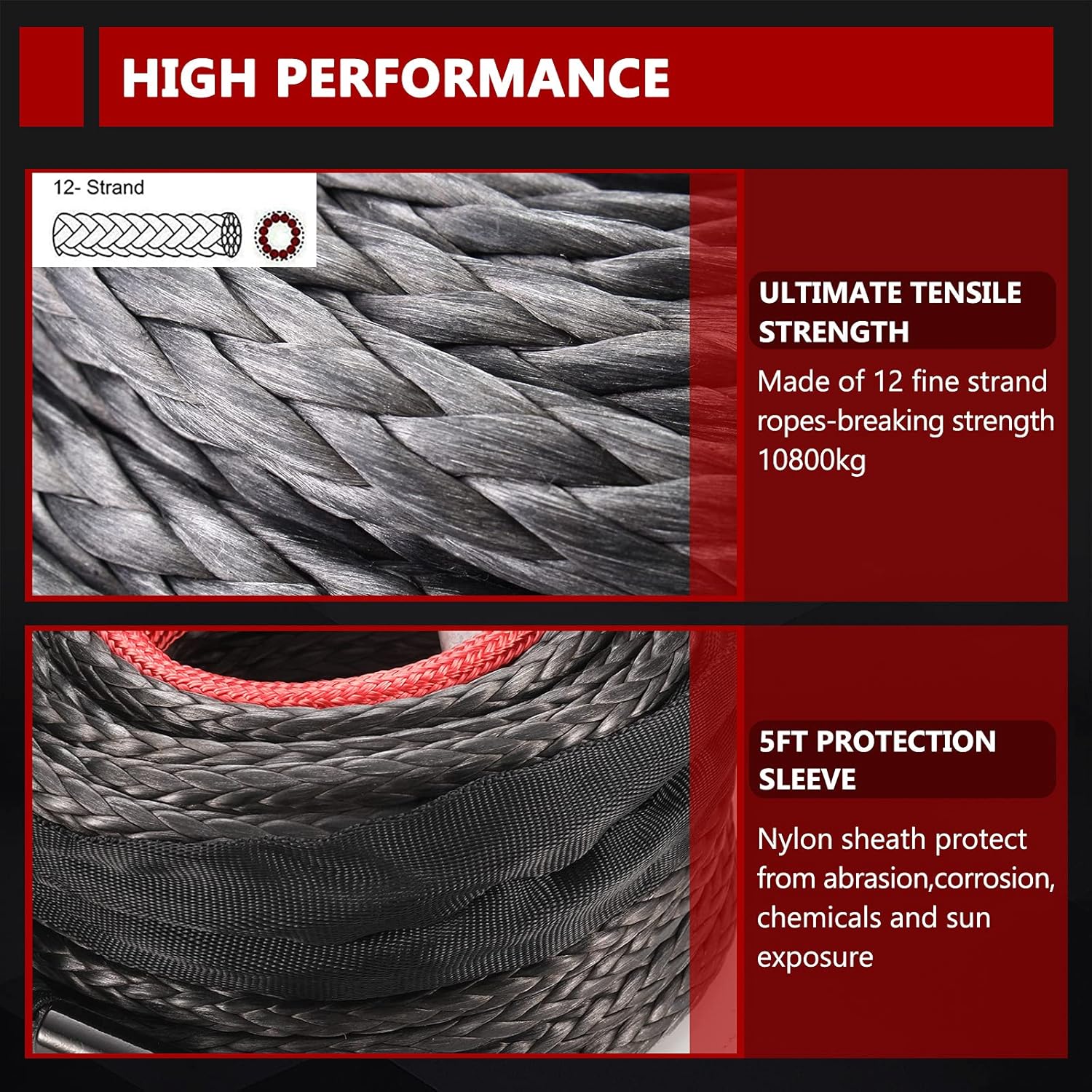 BUNKER INDUST Synthetic Winch Rope 3/8 x 85', 25000 Ibs Winch Cable Line with Protective Sleeve for 4WD Off Road Jeep ATV UTV SUV Truck Boat