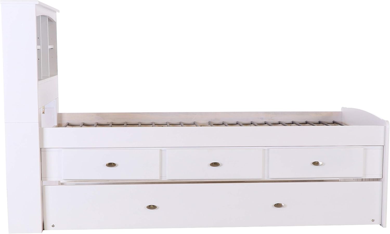 White Twin Bookcase Bed with 3 Drawers and Trundle