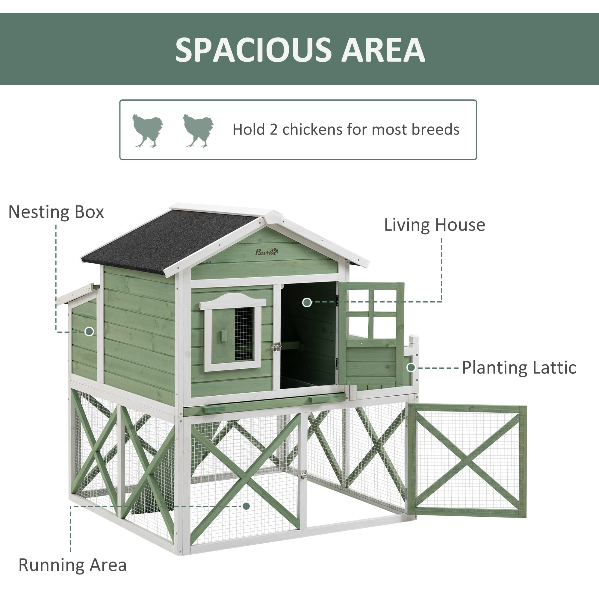 【Pet】44" Chicken Coop, Rabbit Hutch with Nesting Box, Removable Tray, Asphalt Roof, Planting & Lattice