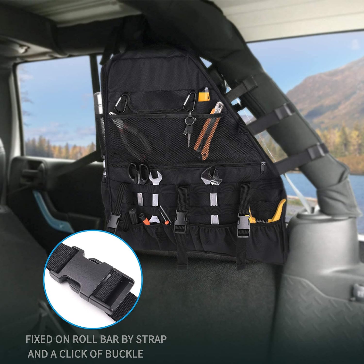 MICTUNING Roll Bar Storage Bag Organizer Cargo Cage Compatible with 2007-2020 Jeep Wrangler JK JKU TJ LJ Unlimited JL with Multi-Pockets Tool Holder