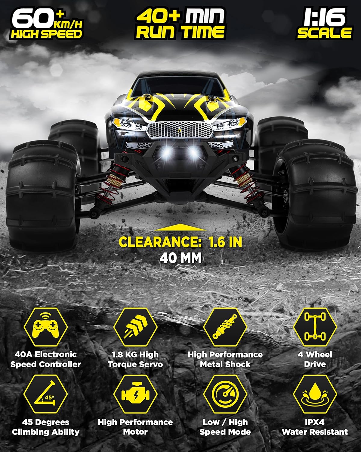 LAEGENDARY RC Car - Off Road Remote Control Car for Adults & Kids, Waterproof All Terrain 4x4 Truck w/ 2 Batteries - 1:16 Scale, Brushless, Black