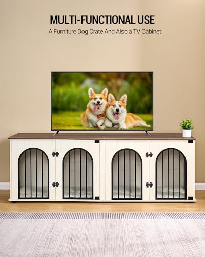 71" Dog Crate Furniture for 2 Dogs, Heavy Duty Indoor Dog Kennel TV Stand, XXL Wooden Dog Cage with Divider for Medium Large Dogs
