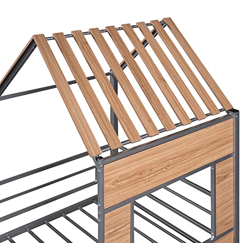 Harper & Bright Designs Kids House Beds Low Loft Bed Frame with Roof, Window, Guardrail and Ladder
