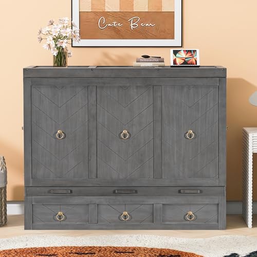 Harper & Bright Designs Full Size Murphy Bed Wall Bed, Solid Pine Murphy Bed Chest Cube Cabinet Bed with USB