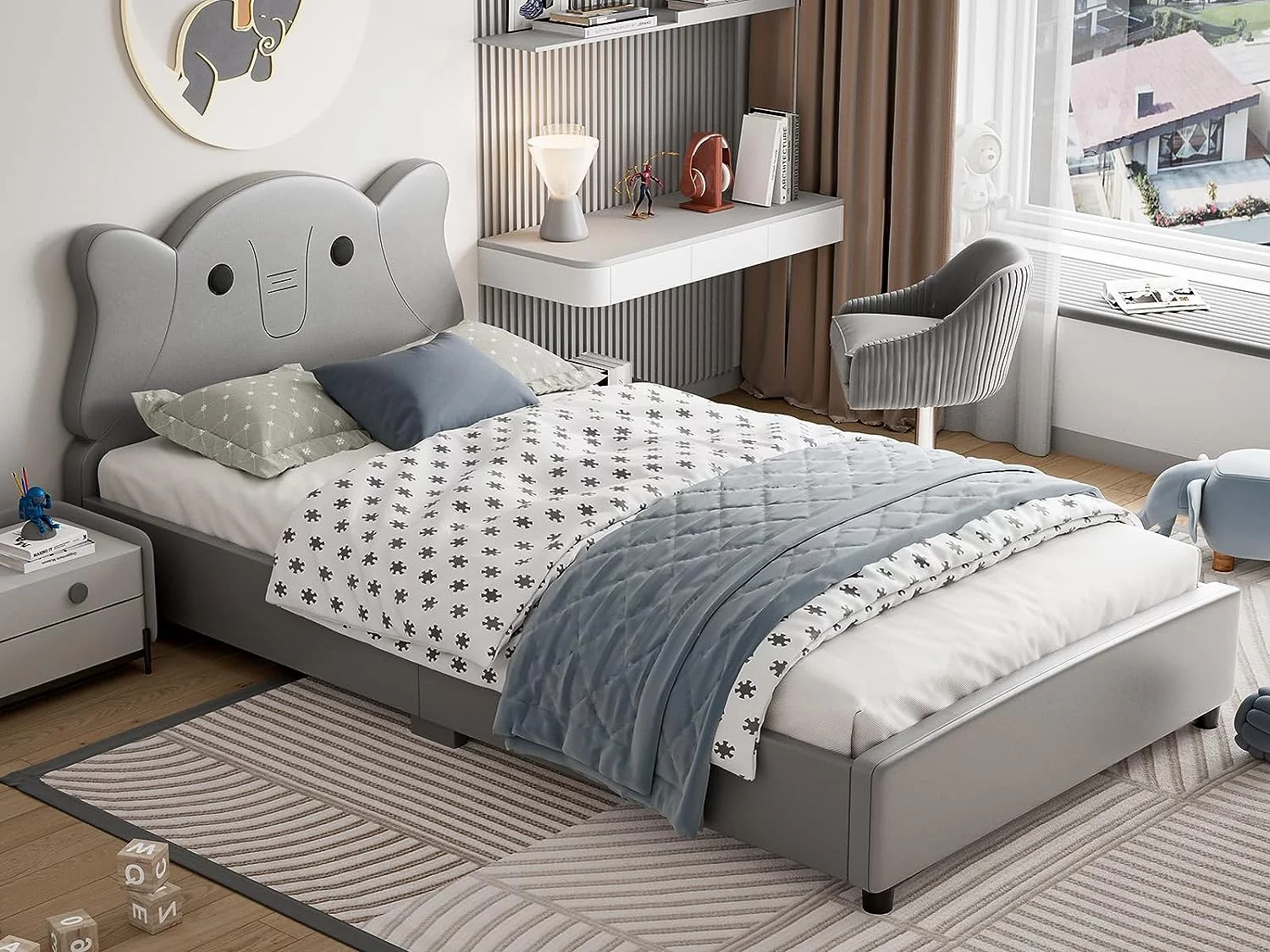 IKIFLY Twin Bed Frames for Kids, Children Upholstered Twin Platform Bed Frame with Headboard, Solid Wood Slats, Toddler Bed for Boys & Girls, Teens