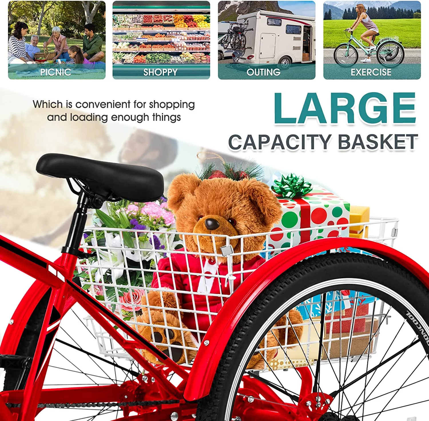 Mooncool Adult Mountain Tricycle, 7 Speed Three Wheel Bike, 24/26/27.5 Inch Adults Trikes for Seniors with Shopping Basket