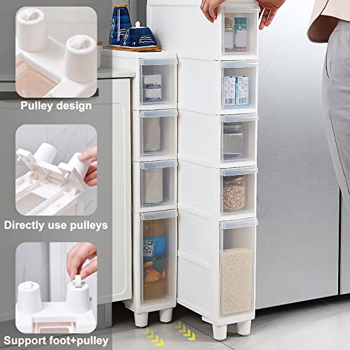Narrow Tall Floor Cabinet for Bathroom, Vertical Storage Unit with 4 Clear Drawers and Casters