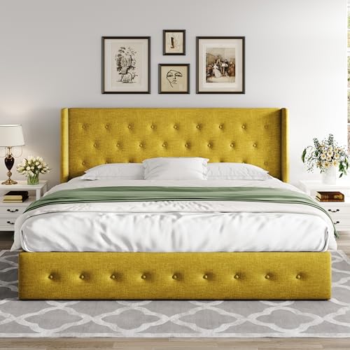 Allewie Full Size Lift Up Storage Bed, Modern Wingback Headboard, Hydraulic Support, No Box Spring Needed, Light Beige