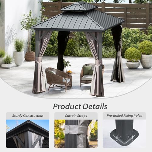 Domi 10’ x 10’ Hardtop Gazebo Metal Frame Canopy with Netting & Curtains