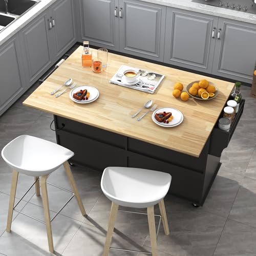 Kitchen Cart with Wood Top and Drop Leaf Breakfast Bar, Rolling Mobile Kitchen Island Table on Wheels with Drawer and Storage Cabinet, Spice Rack