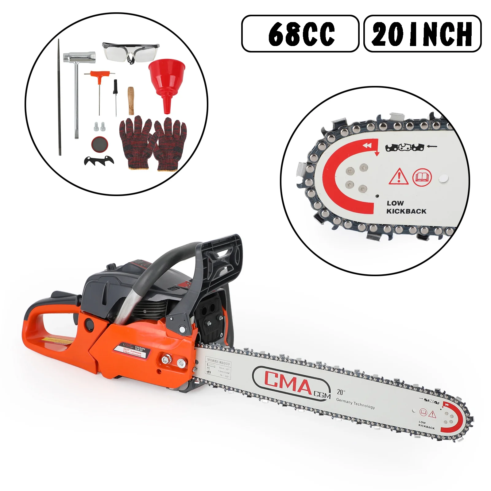 TOPTENG Gas Cordless Chainsaw 20 inch, 2-Cycle Gasoline Powered Chain Saw, 68CC Handheld Cordless Chainsaw, Automatic Chain Oiler