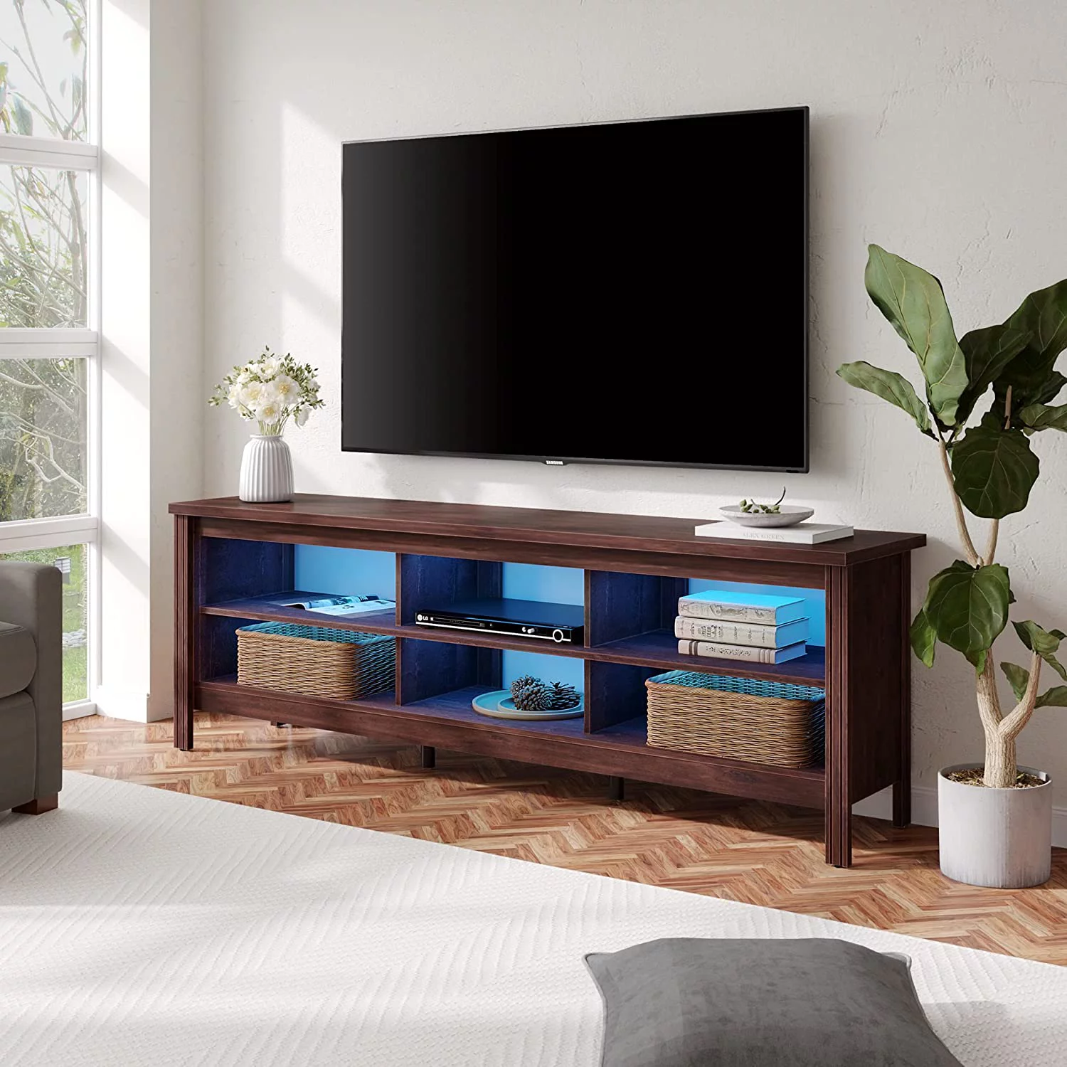 TV Stand for TVs up to 75 Inches  16 Color LED Entertainment Center for 80 inch TV Console Table with 6 Cubby  for Living Room Bedroom  70''