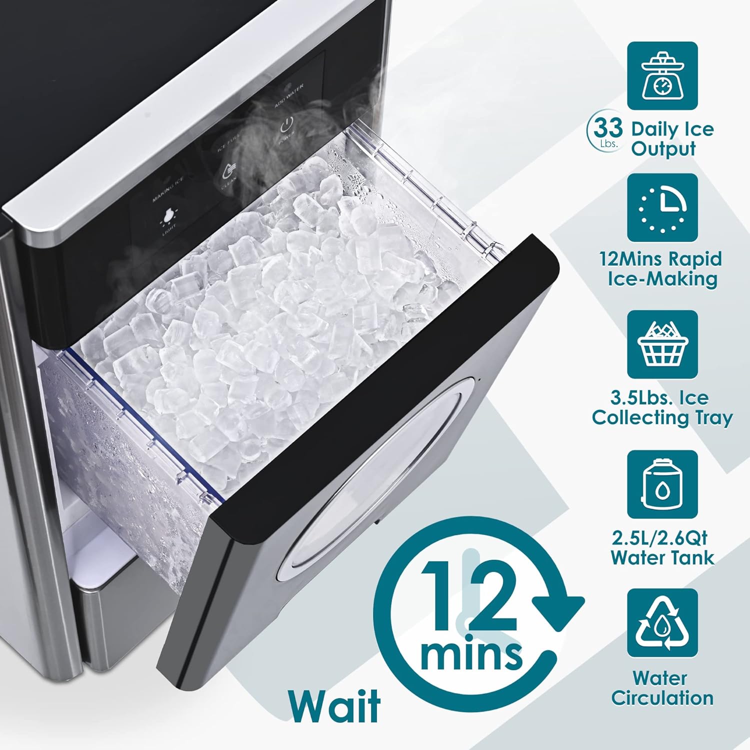 EUHOMY Nugget Ice Maker Countertop, Max 33lbs/24H, 2 Ways Water Refill, LED Light, Self-Cleaning Pebble Ice Maker with Basket and Scoop