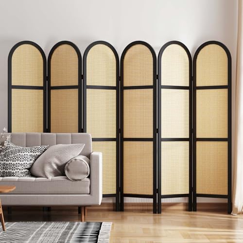 Room Divider and Folding Privacy Screens, Pine Wood 5.6 Ft Double Hinged Rattan Partition Freestanding Wall Room Divider for Home - 3 Panels