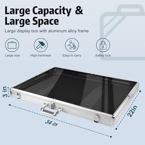 Card Show Display Case Large Aluminum 34"x22", Lockable Trading Card Display Case with Handle, Sports Card/TCG/Jewelry Display Box - Silver