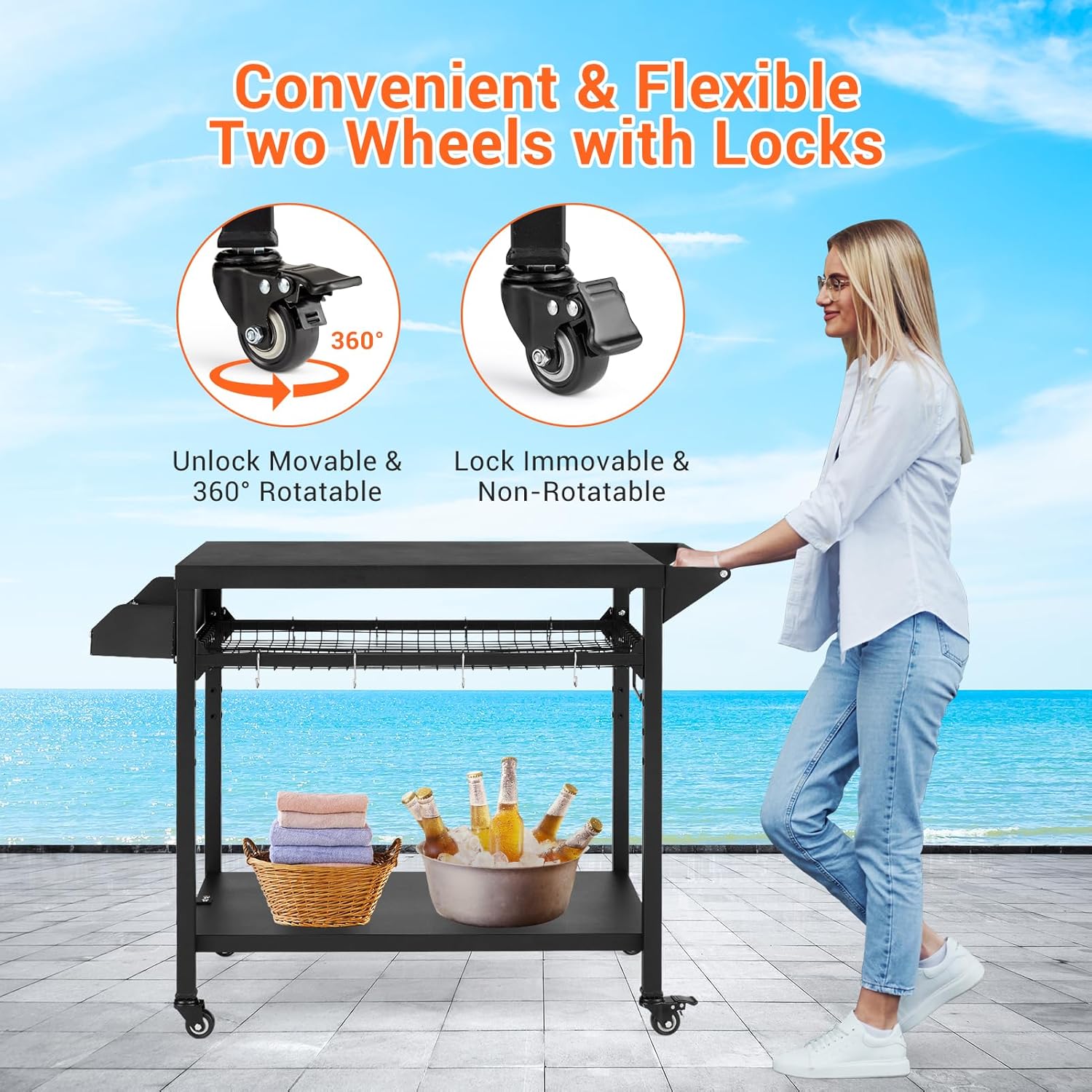 Outdoor Grill Cart, Pizza Oven Stand Table with Mesh Racks Dining Cart Table for Outside Patio