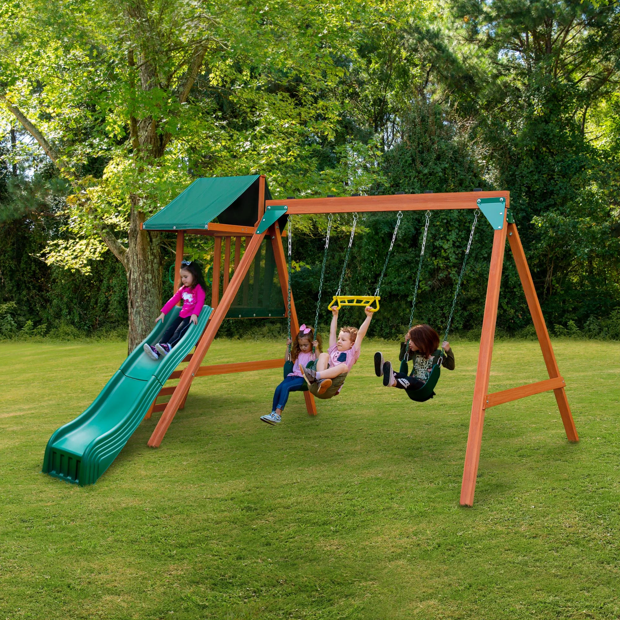 Gorilla Playsets 01-1105 Basic Swing Set with Two Swings, Trapeze Swing, and Slide