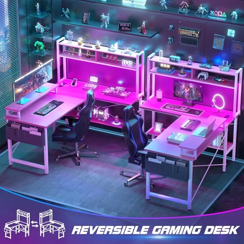 Aheaplus L Shaped Gaming Desk with Power Outlets & LED Lights, Small L- Shaped Desk Computer Corner Desk with Monitor Stand & Storage Shelf