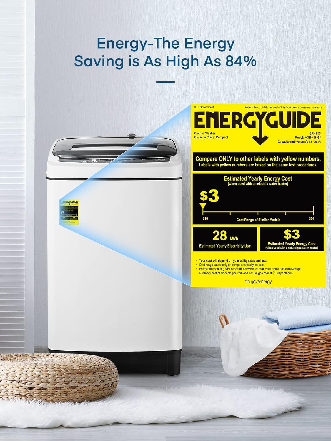 Full Automatic Washing Machine, FOHERE 1.5Cu.Ft 11lbs Capacity Portable Machine