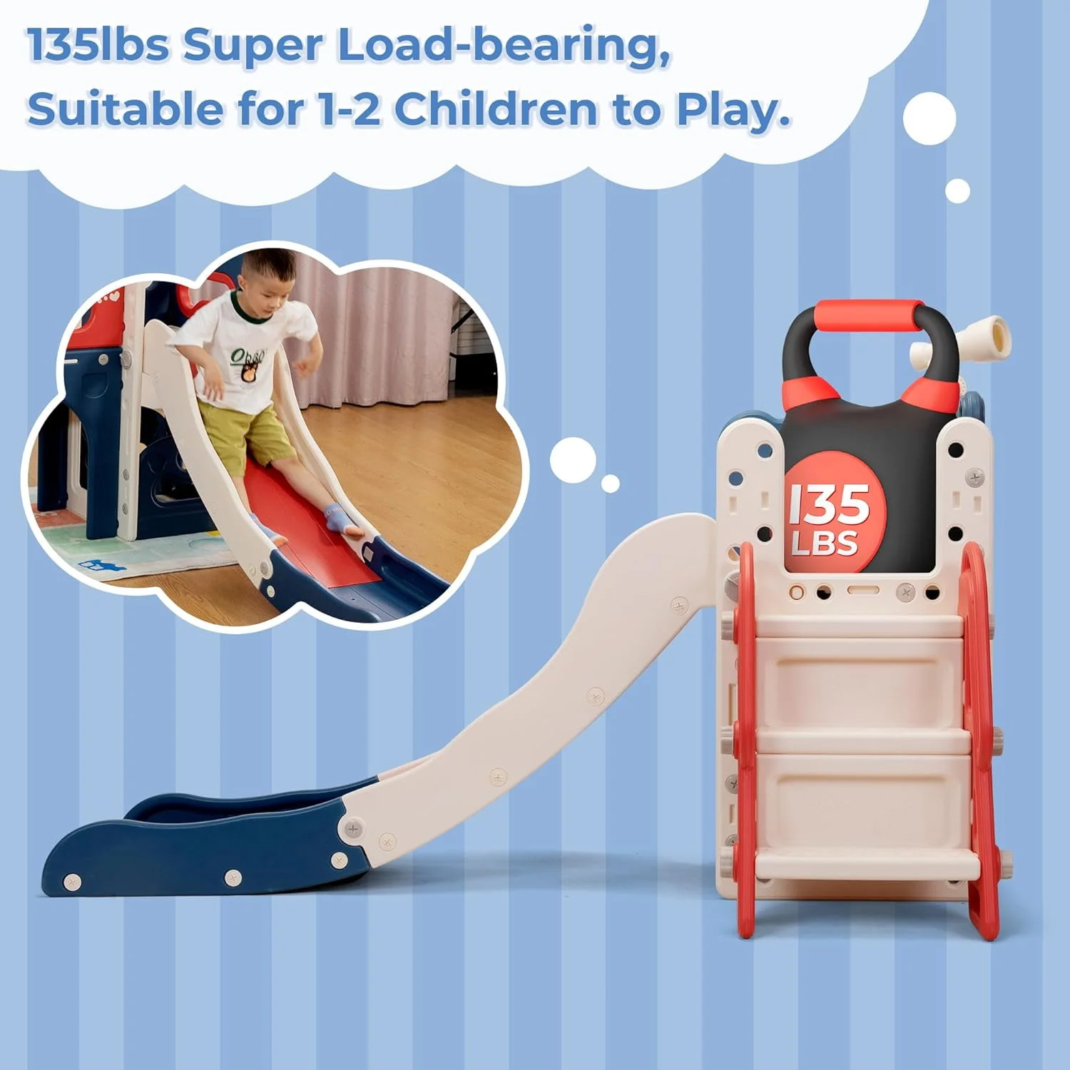 Track 7 5-in-1 Kids Slide and Climber, Freestanding Toddler Playground with Basketball Hoop, Telescope, Ball and Storage Space for Indoor Outdoor, Red