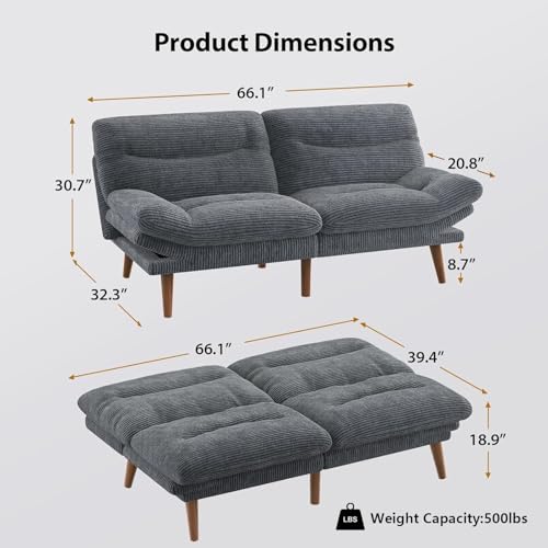 Pipishell Convertible Futon Sofa Bed,66" Corduroy Futon Couch with Adjustable Backrest and Armrests, Recliner Sleeper Sofa for Small Spaces
