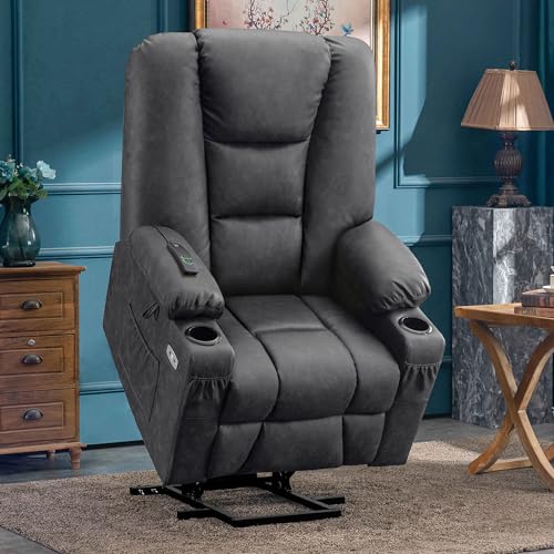 MCombo Small Power Lift Recliner Chair with Massage and Heat for Petite People, Cup Holders, USB Ports, Side Pockets, Faux Leather 7569 (Small