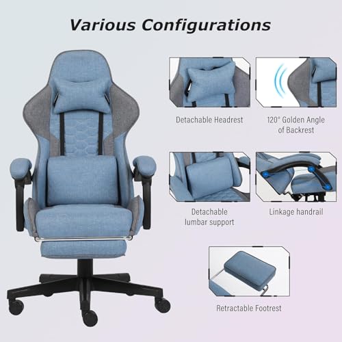 Gaming Chair, Computer Office Chair with Footrest, Linkage Armrests and Lumbar Support, High Back Ergonomic Gamer Chairs for Adults, Blue Fabric