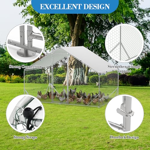 Heavy Duty Walk-in Chicken Coop, Large Metal Poultry Cage with Waterproof UV Cover & Round Top Design