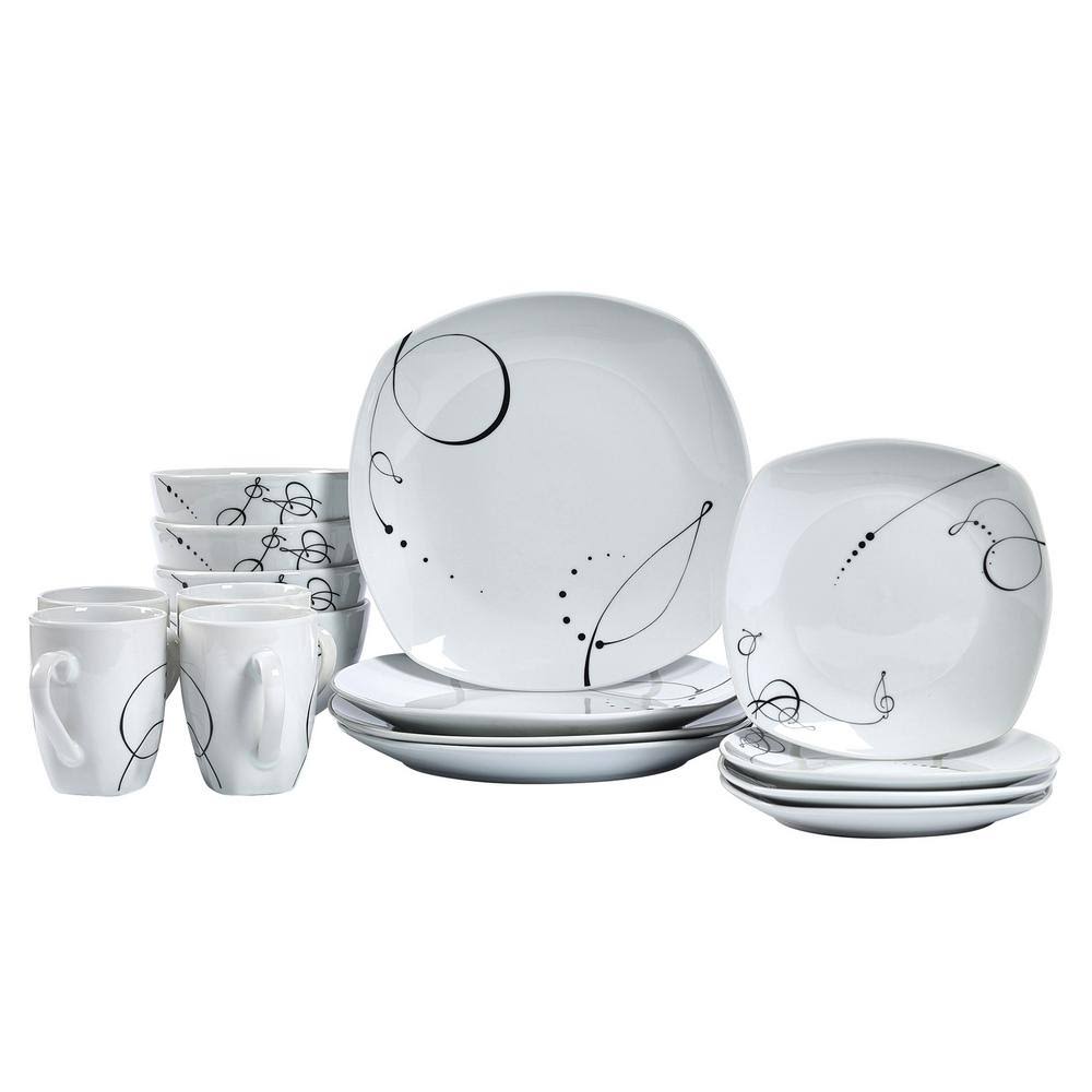 Tabletops Gallery 16-Piece Casual White with Pattern Ceramic Dinnerware Set (Service for 4)