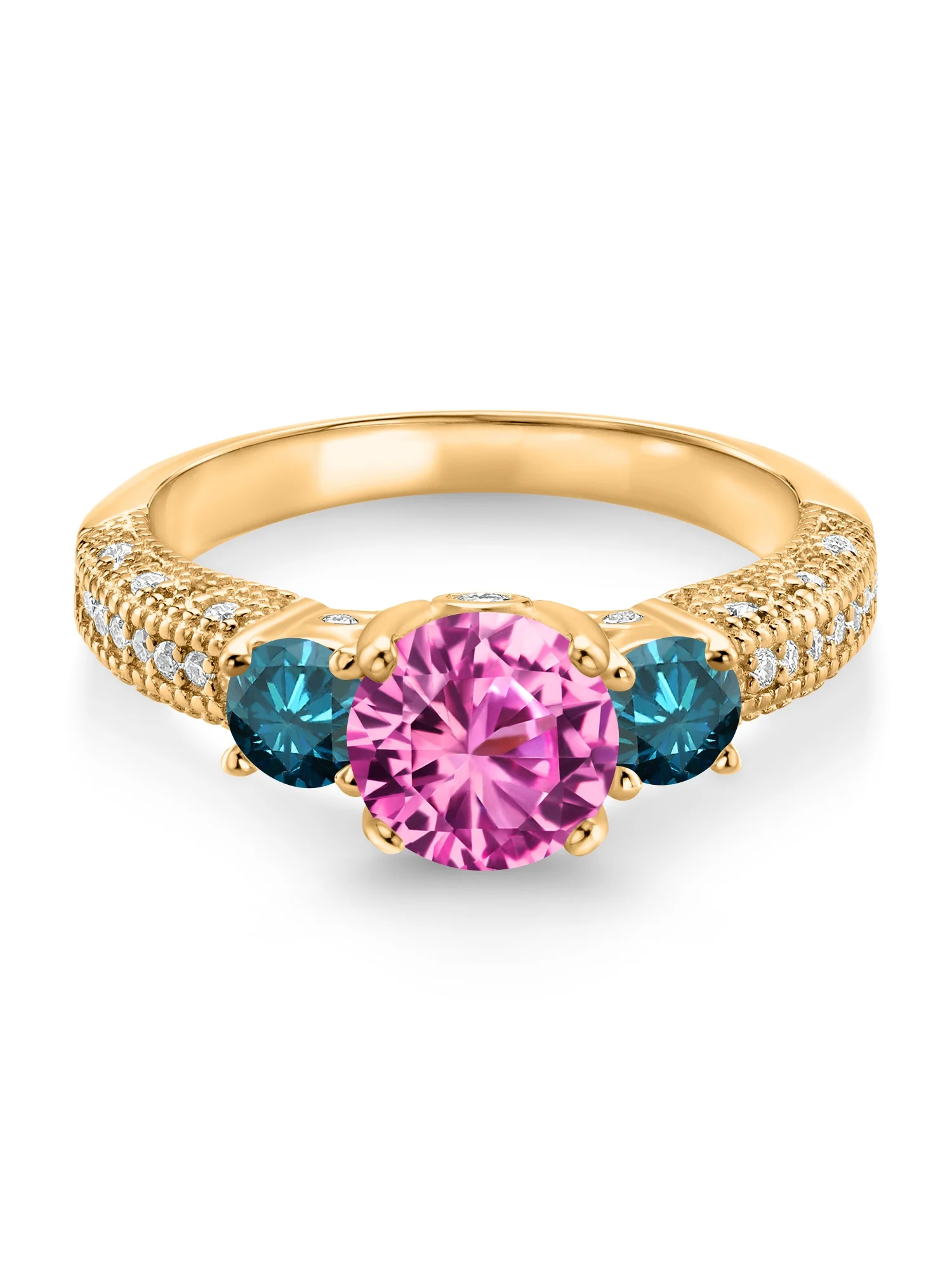 Gem Stone King 18K Yellow Gold Plated Silver Pink Created Sapphire Blue Diamond and White Moissanite Engagement Ring For Women (2.28 Cttw
