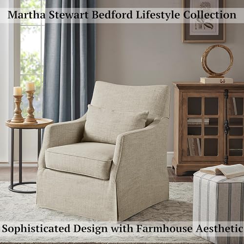 Martha Stewart London Swivel Chair - Solid Wood & Plywood, Skirted Metal Base Accent Armchair