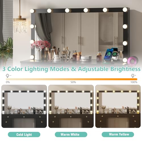 Likein Vanity Desk with Mirror and Lights, White Vanity with Jewelry Storage Cabinet, Makeup Dressing Table with 11 Drawers, Charging Station