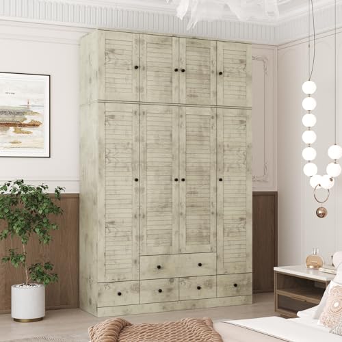 ECACAD Extra Tall Wardrobe Armoire with Top Cabinet, 10 Shelves, 4 Drawers, Hanging Rod & 8 Louver Doors, Wooden Closet Storage Cabinet for Bedroom