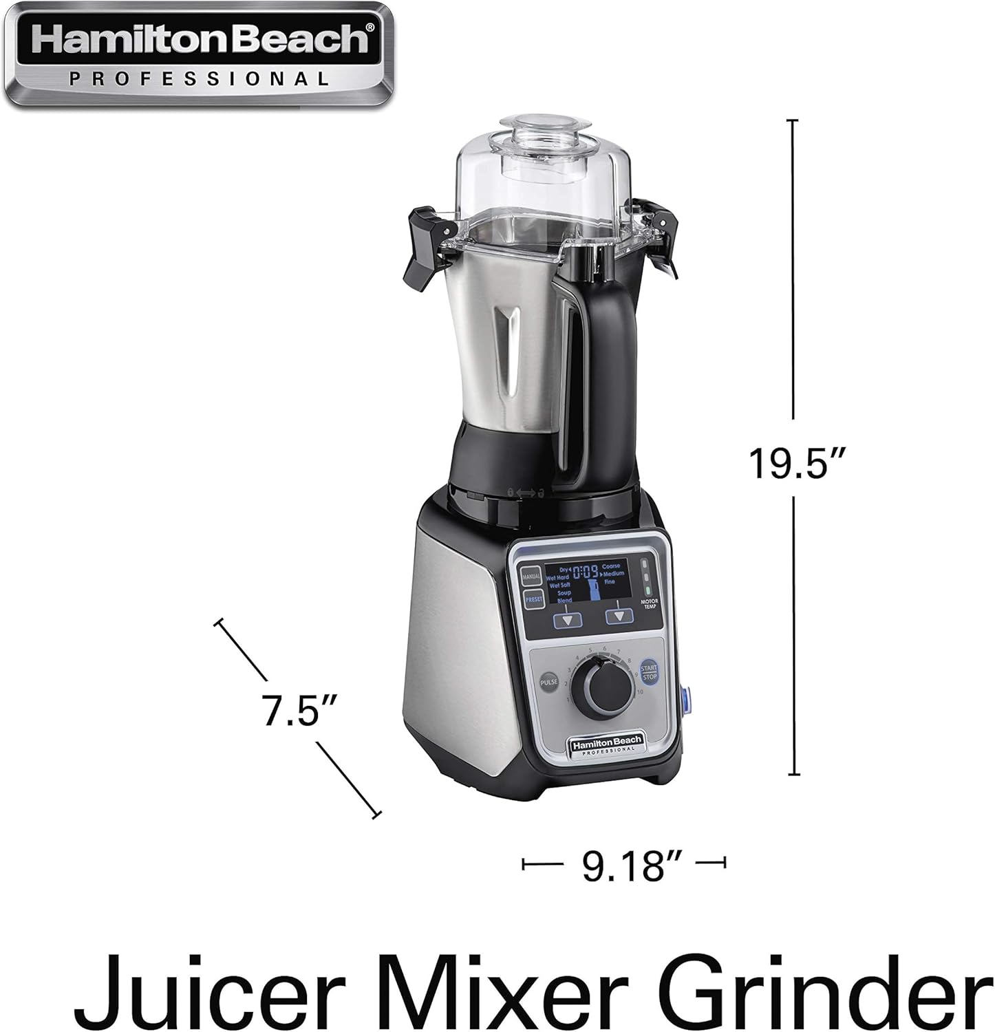 Hamilton Beach Professional 4-in-1 Juicer Mixer Grinder, Commercial-Grade 1400 Watt Motor, 120V, 3 Leakproof Jars, For Wet and Dry Spices