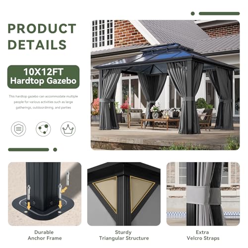 Aoxun 12'x10' Hardtop Gazebo, Aluminum Frame Permanent Pavilion with Curtains and Netting, Outdoor Polycarbonate Double Roof Canopy