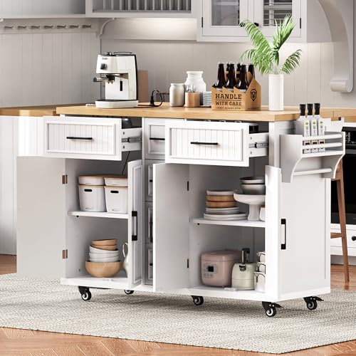 Kitchen Island with Drop Leaf & Power Outlet, Rolling Kitchen Islands Cart with 5 Open Storage Shelves & Towel Rack