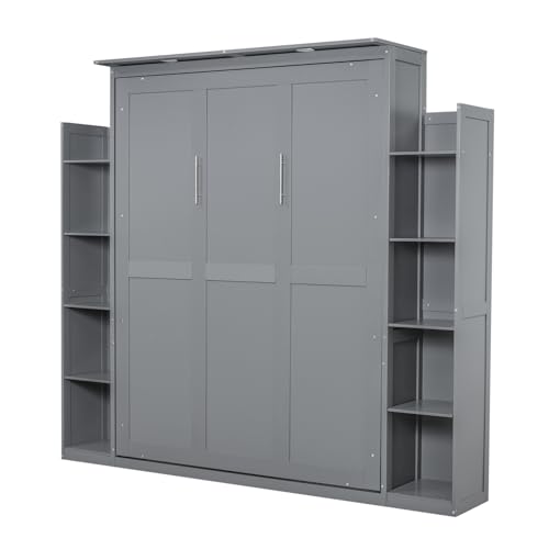 Ball & Cast Queen Size Murphy Bed,Murphy Bed Cabinet W/ 2 Five-Layer Cabinet,Hideaway Wall Bed W/LED Lights,Wood Hidden Bed Frame for Guest Room