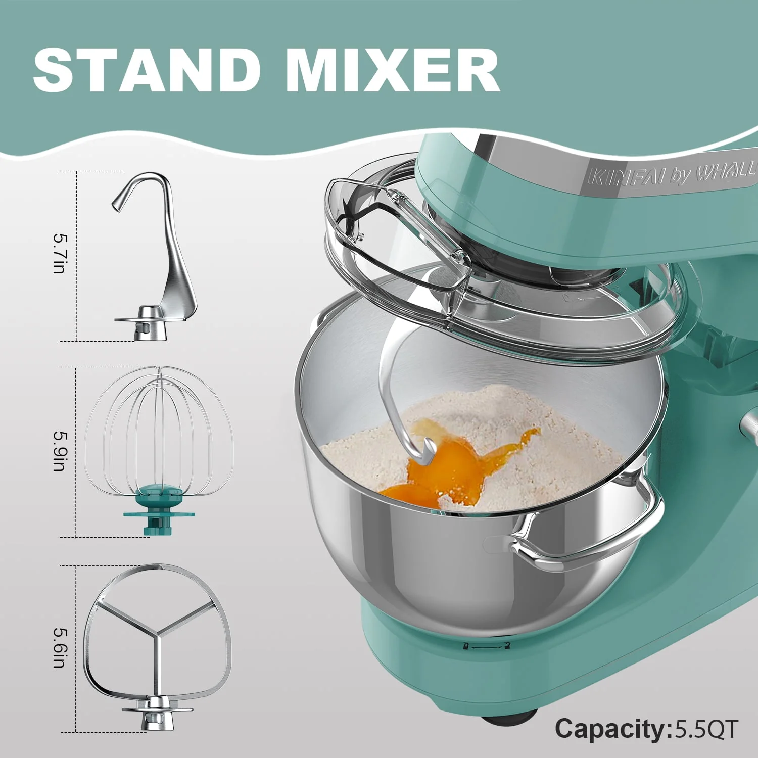 WHALL® Stand Mixer - 5.5Qt 12-Speed Tilt-Head Electric Kitchen Mixer with Dough Hook/Wire Whip/Beater, Stainless Steel Bowl (Blue)