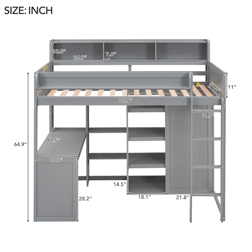 Harper & Bright Designs Twin Size Loft Bed with Wardrobe, Desk and Multiple Storage Shelves, Solid Wood Loft Bed Frame with Bookshelf