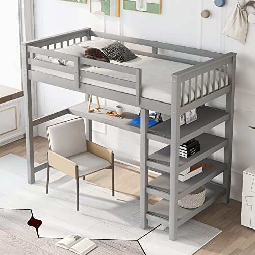 Harper & Bright Designs Full Loft Bed with Desk and Wardrobe,Solid Wood Loft Bed Frame Full with Storage Drawers for Kids Teens Adults