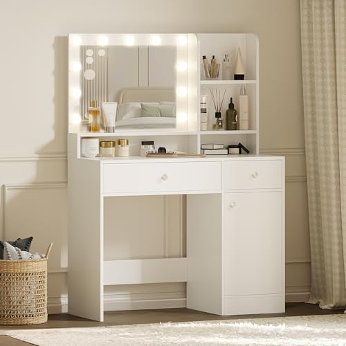 Vanity Desk with Mirror and Lights, Diamond Edition Vanity Desk, Makeup Vanity Table with 3 Drawers & 5 Open Shelves