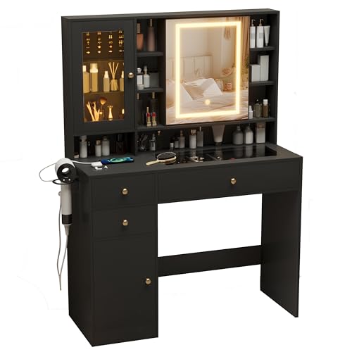 Makeup Vanity Desk with Mirror and Lights, White Vanity with Glass Top, LED Lights & Power Outlet, 3 Drawers & 2 RGB Glass Cabinets