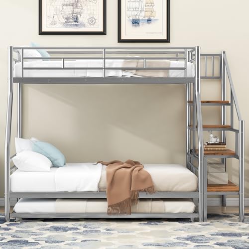 Twin Over Full Bunk Bed with Trundle and Stairs, Metal Bunk Bed with Storage and Safe Guardrails, Heavy-Duty Metal Bunkbeds for Teens, Adults