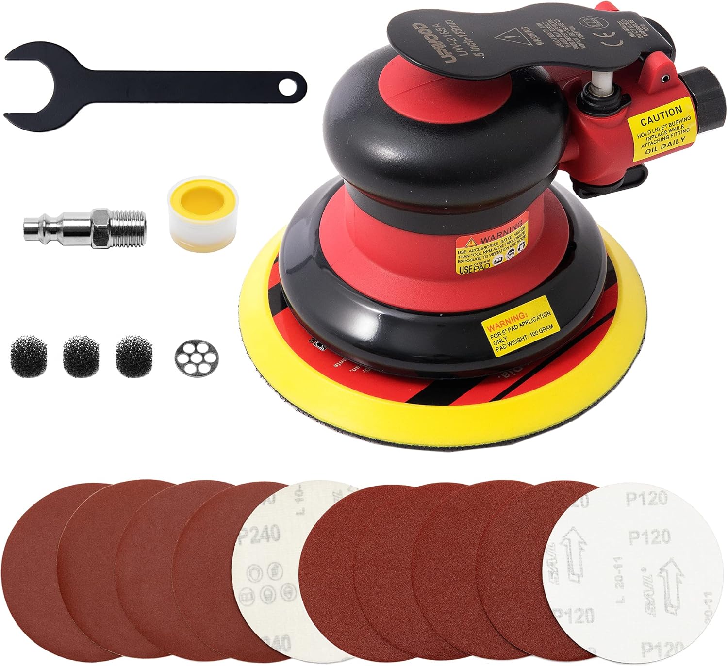 6-inch Air Random Orbital Sander by UPWOOD, Heavy Duty Palm Air Powered Sander Pneumatic Sander with 10pcs Sandpapers