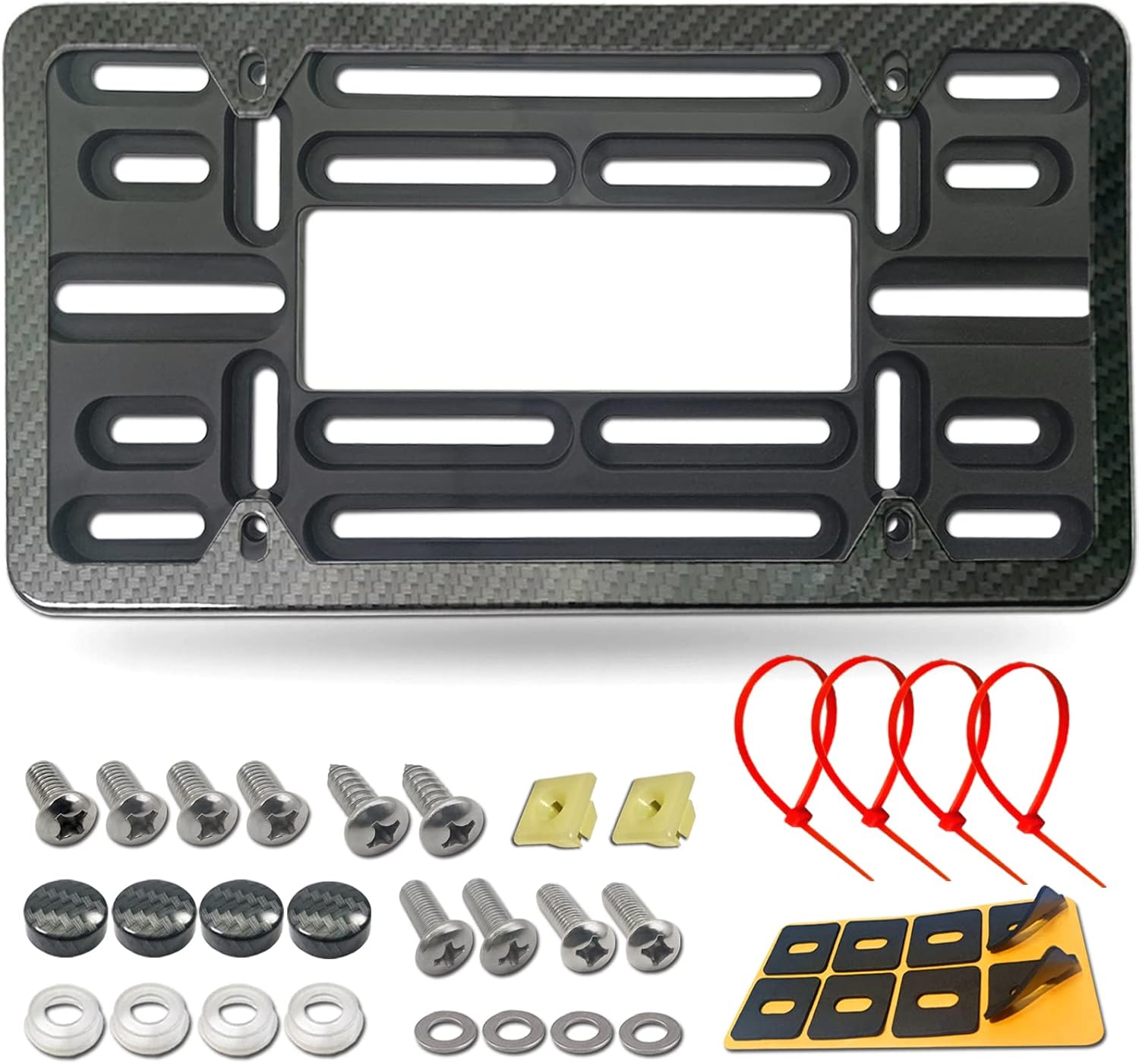 Front License Plate Mounting Kit- Universal Front Bumper License Plate Bracket Holder and Carbon Fiber Car Tag Frame